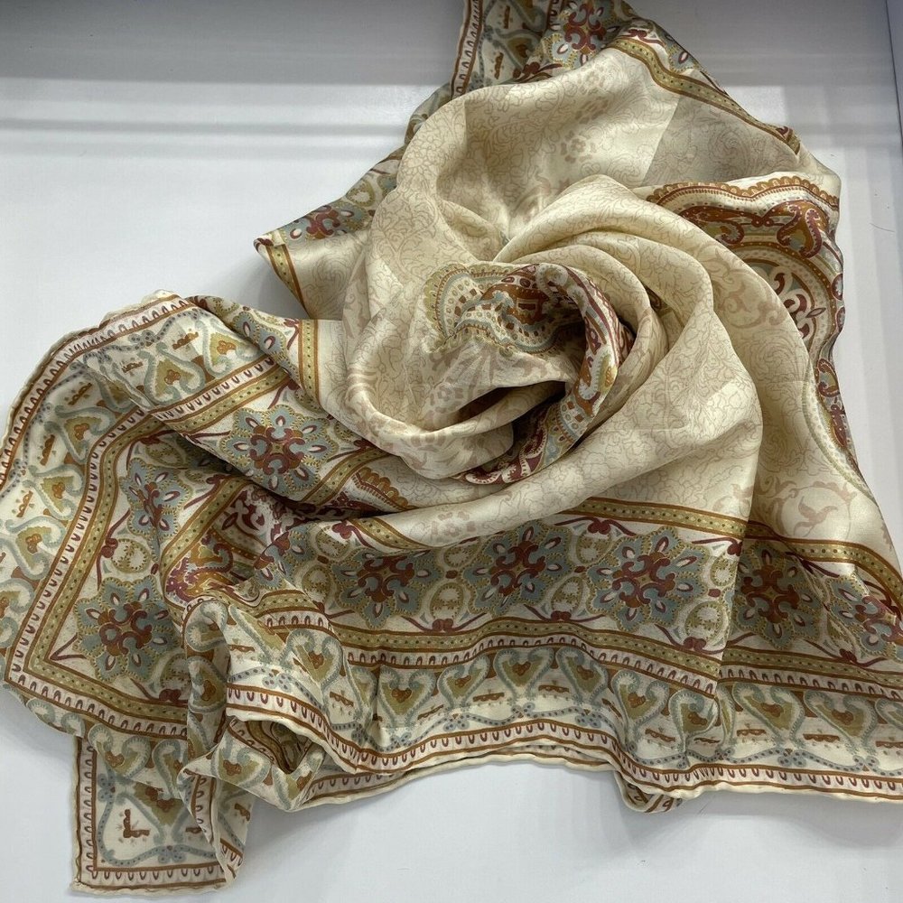 Saldarini Square Silk Scarf 35in Neutral Tones With Geometric Design